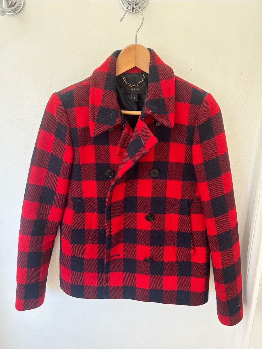 J. Crew Red and Black Buffalo Check Peacoat